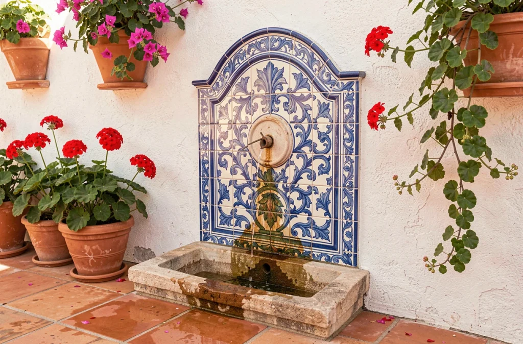 Fontaine murale en carrelage céramique peint à la main dans un patio méditerranéen avec géraniums et bougainvilliers