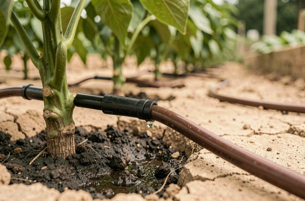 Gros plan sur un émetteur goutte à goutte arrosant la base d'un plant de poivron dans un jardin