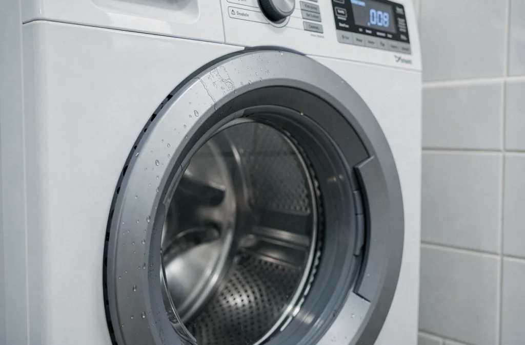 Gros plan sur le hublot et le panneau de commande d'un lave-linge Valberg après utilisation, gouttes d'eau visibles
