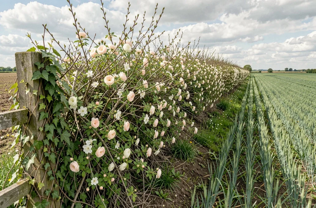Haie champêtre en fleurs au printemps séparant deux champs agricoles dans la campagne française
