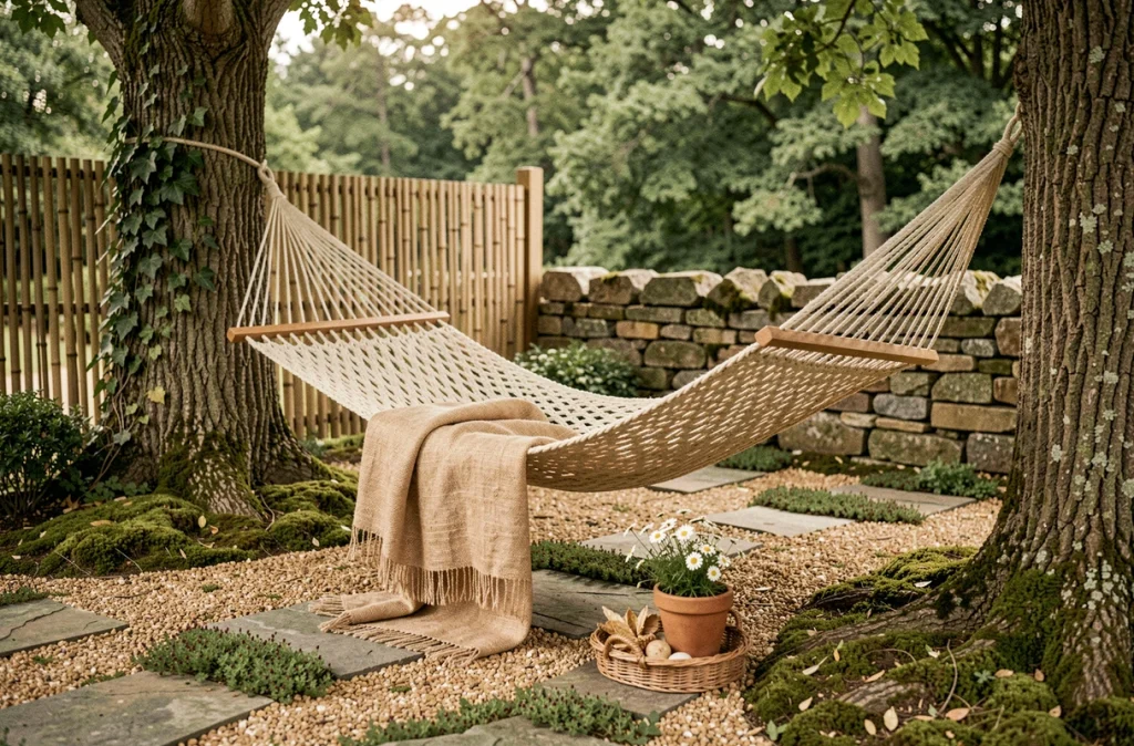 Hamac en coton naturel suspendu entre deux chênes dans un jardin avec pierres calcaires et mur en pierre sèche