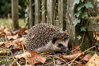 Hérisson européen au pied d'une clôture en bois dans un jardin naturel entouré de feuilles mortes et de lierre