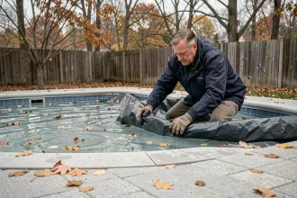 Homme installant une bâche hivernale sur une piscine enterrée en automne