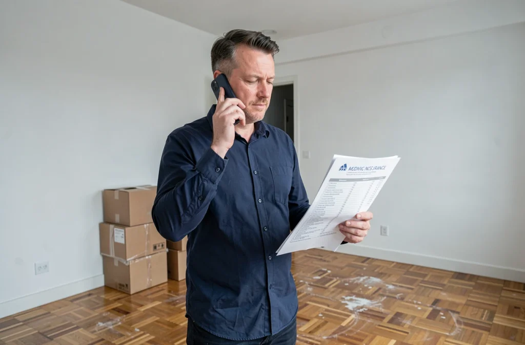 Homme téléphonant à son assureur dans un appartement vide lors d'un déménagement