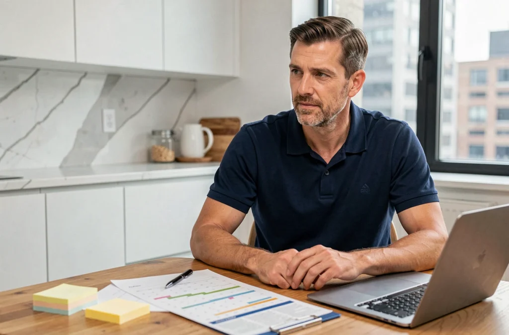 Homme planifiant son déménagement avec un calendrier et un ordinateur portable sur une table de cuisine moderne