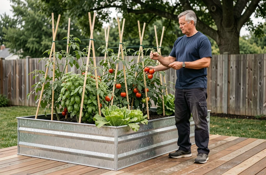 Homme debout près d'un potager surélevé en acier galvanisé dans un jardin de banlieue