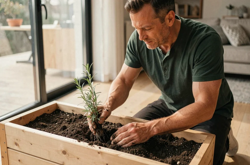 Homme qui transplante un plant de romarin dans un bac à herbes aromatiques en bois dans un salon scandinave