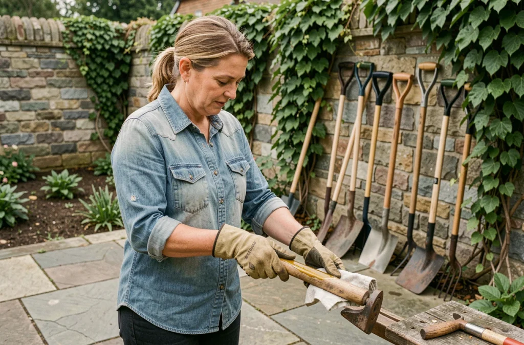 Femme appliquant de l'huile de lin sur le manche en bois d'une binette de jardin sur une terrasse en pierre