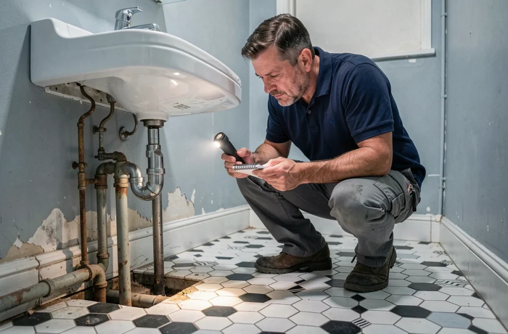 Homme inspectant la plomberie sous un lavabo avant de rénover une salle de bain ancienne