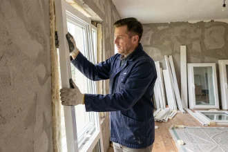 Installateur posant une fenêtre double vitrage dans une maison en rénovation pour limiter les pertes de chaleur