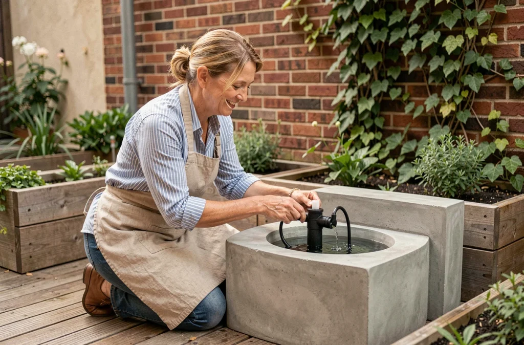 Femme installant une pompe dans une fontaine de jardin en béton moderne sur une terrasse en bois