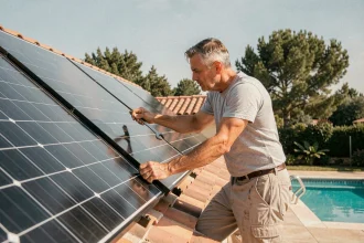 Installateur posant des panneaux solaires thermiques sur un toit pour chauffer une piscine résidentielle