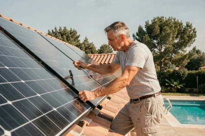 Installateur posant des panneaux solaires thermiques sur un toit pour chauffer une piscine résidentielle