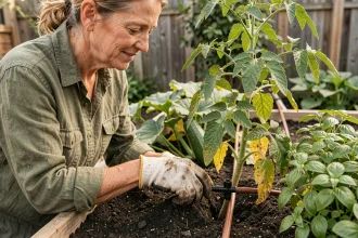 Femme installant un émetteur goutte à goutte sur un tuyau d'irrigation dans un potager surélevé