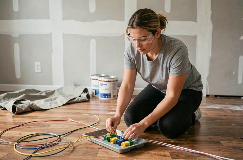 Femme en train de préparer des fils électriques pour les connecter avec des borniers Wago 2 fils en rénovation maison
