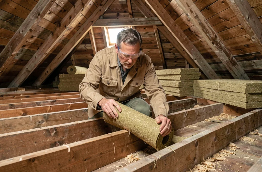 Homme posant de l'isolation en fibre de chanvre entre les solives d'un grenier en rénovation écologique