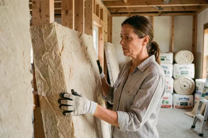 Femme tenant un panneau d'isolation en laine de mouton écologique dans une maison en rénovation
