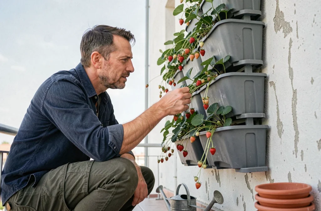 Homme inspectant un jardin vertical de fraises des bois sur un balcon étroit avec système de jardinage modulaire