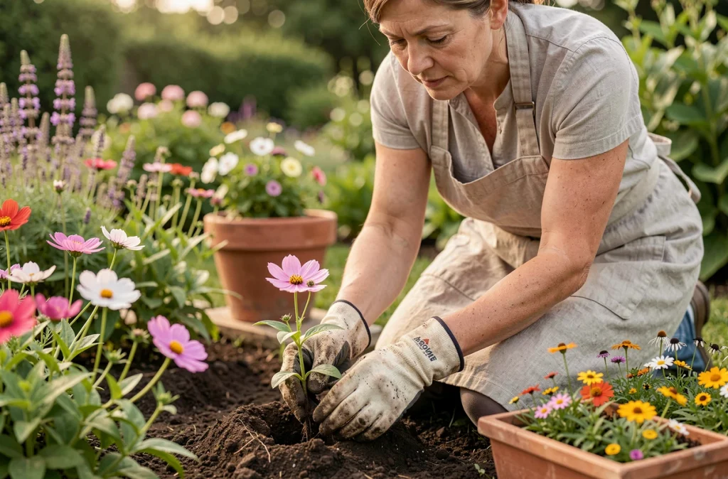 Jardinière plantant des fleurs mellifères dans un massif de jardin cottage en été