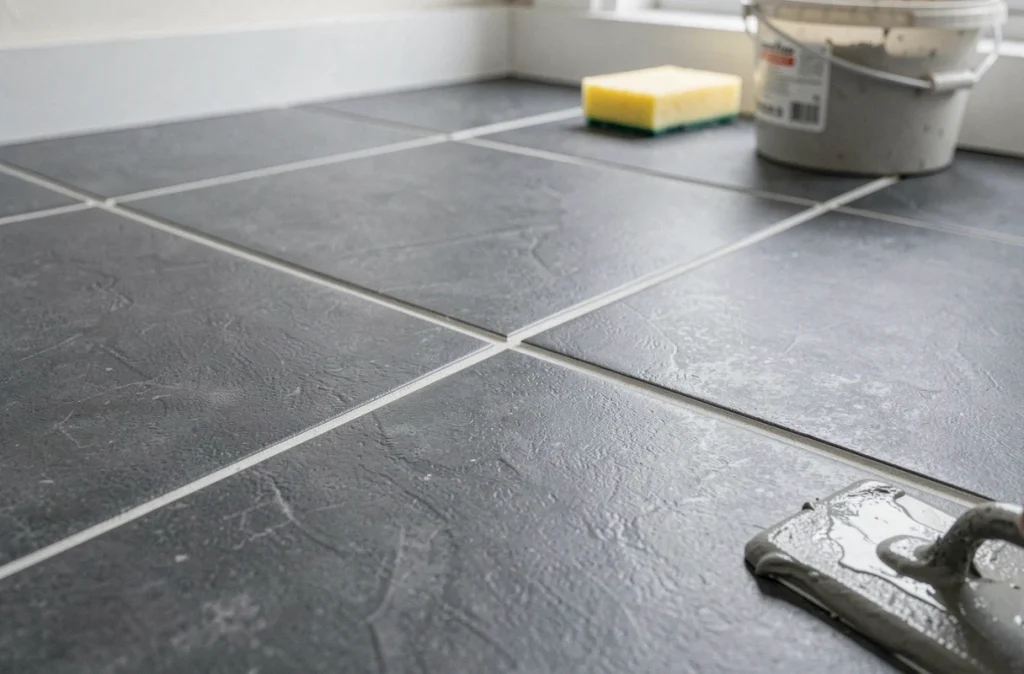 Détail des joints de carrelage de cuisine fraîchement réalisés avec une taloche à jointement et une éponge humide