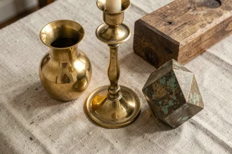 Objets en laiton poli et patiné côte à côte sur une console en chêne, mettant en valeur le contraste entre brillance dorée et patine naturelle