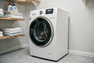 Lave-linge Valberg installé dans une buanderie propre et bien rangée, cycle en cours sur le panneau numérique