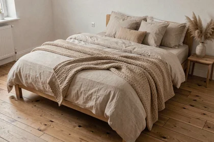 Lit fait avec des draps en lin naturel et un plaid en laine côtelée dans une chambre de style scandinave aux tons chauds et neutres