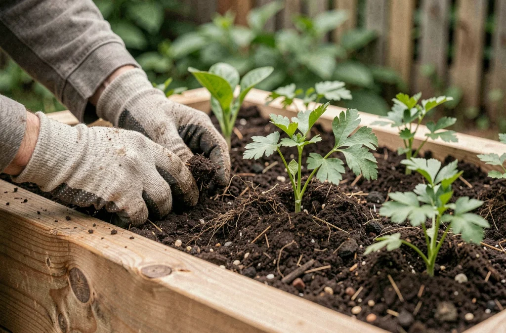 Gros plan de mains gantées plantant des semis dans un potager surélevé en bois recyclé