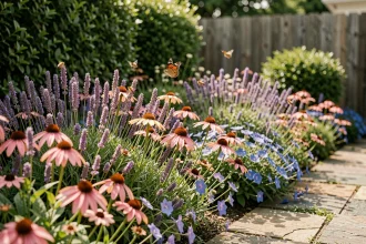 Massif fleuri de lavande, échinacée et bourrache avec abeilles et papillons dans un jardin ensoleillé