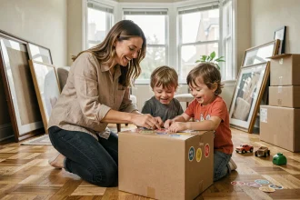 Mère aidant ses enfants à étiqueter des cartons de déménagement dans un salon à moitié emballé