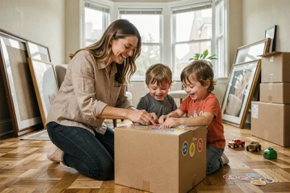 Mère aidant ses enfants à étiqueter des cartons de déménagement dans un salon à moitié emballé