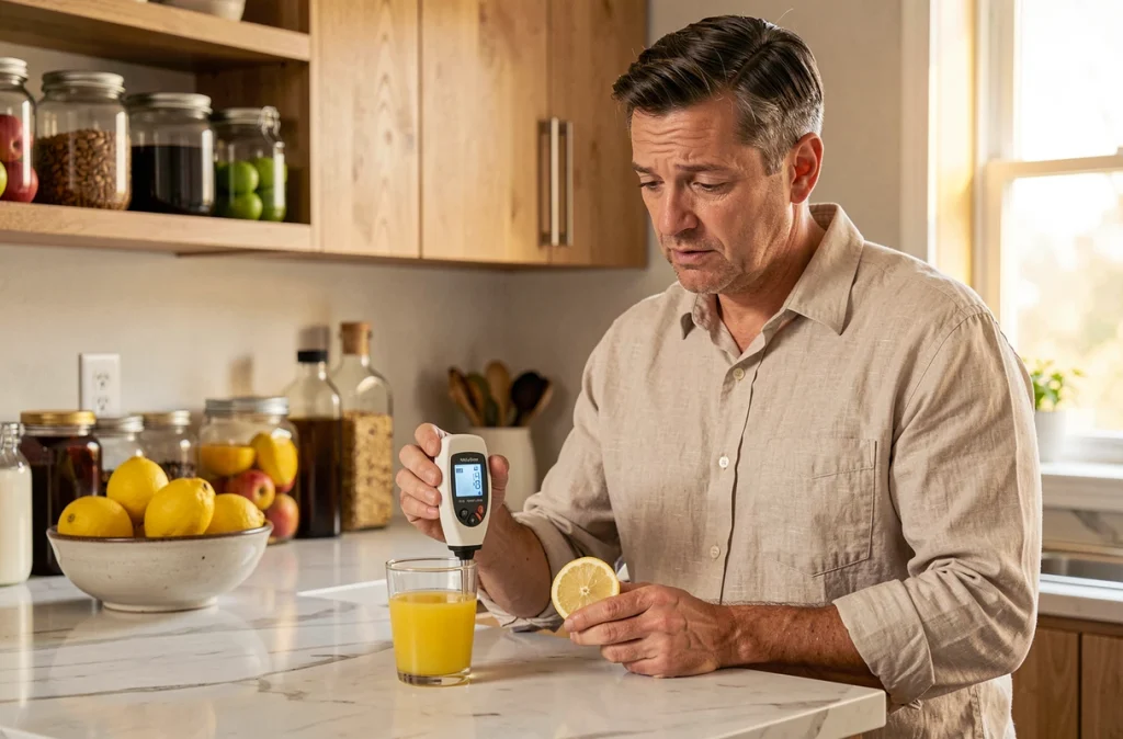 Homme en cuisine mesurant le pH du jus de citron avec un pH-mètre numérique sur un plan de travail en marbre