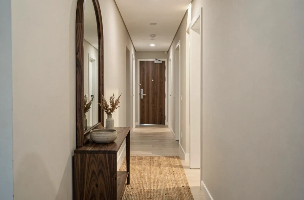 Miroir arqué en bois de noyer dans un couloir d'entrée étroit créant une illusion de profondeur et d'espace