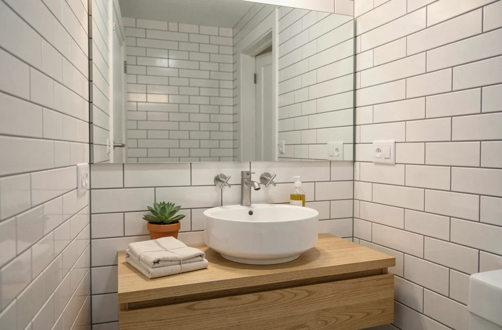 Miroir sans cadre pleine largeur dans une petite salle de bain agrandissant l'espace visuel