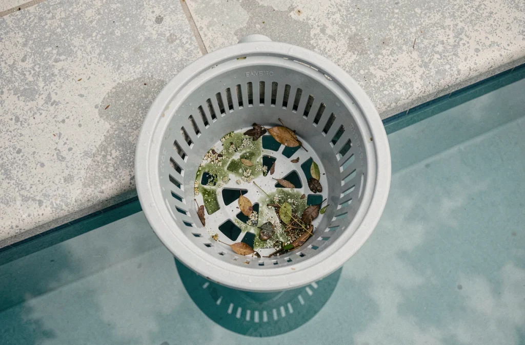 Panier de skimmer de piscine rempli d'algues et de débris en début de printemps