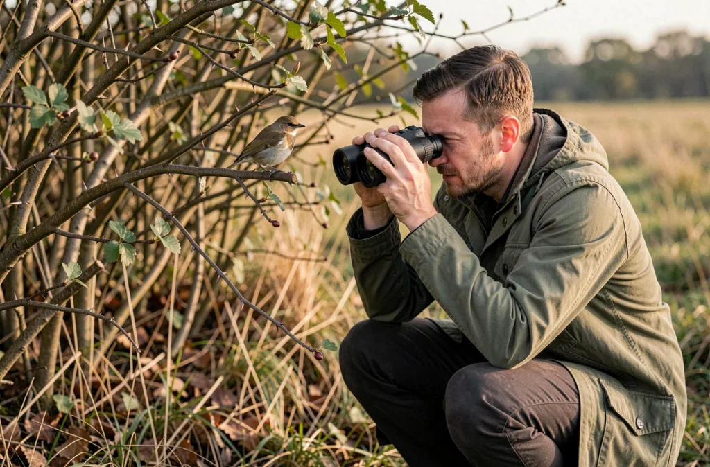 Observateur de la nature scrutant un oiseau perché dans une haie champêtre avec des jumelles