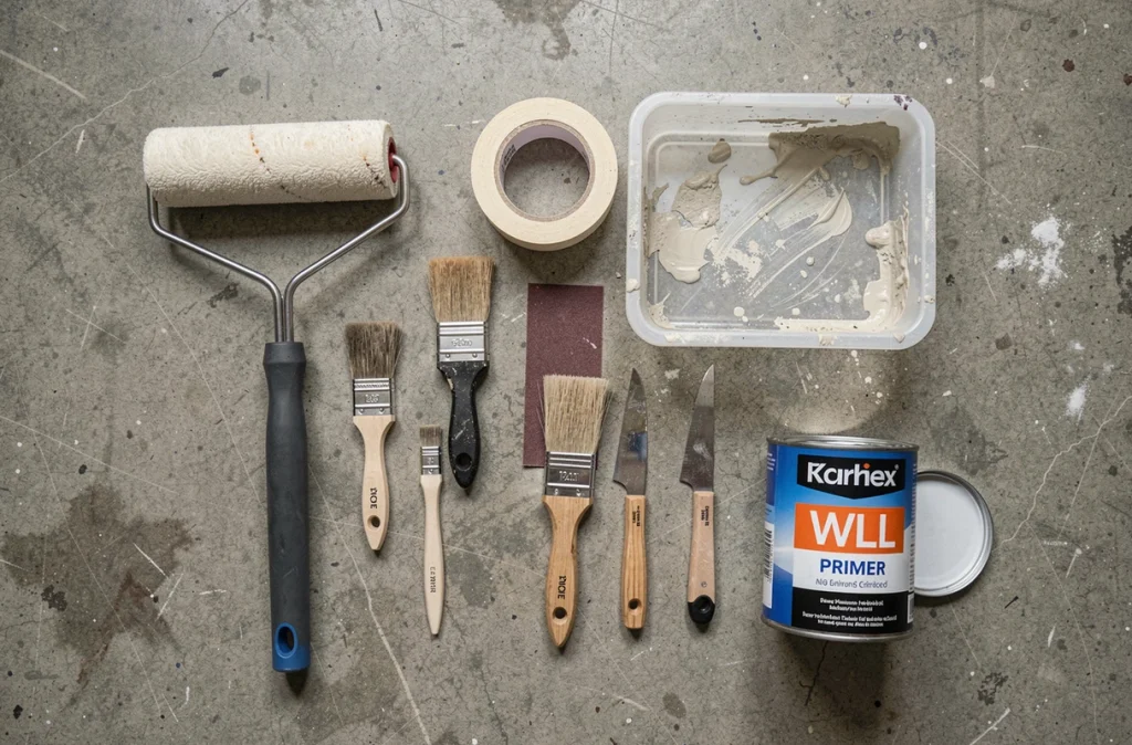 Vue aérienne des outils essentiels pour préparer un chantier de peinture intérieure disposés sur un sol en béton