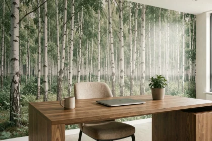 Bureau moderne avec papier peint panoramique forêt de bouleaux couvrant un mur entier, bureau en bois et chaise au premier plan