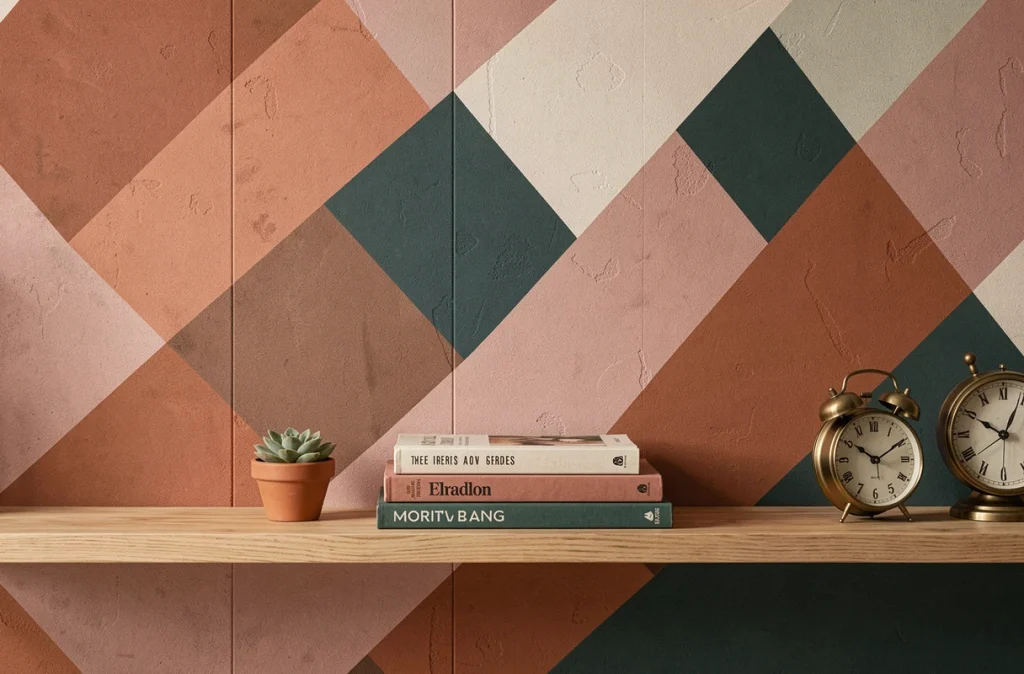 Gros plan d'un papier peint panoramique géométrique montagne en teintes terracotta et bleu canard dans un bureau moderne avec étagère en bois