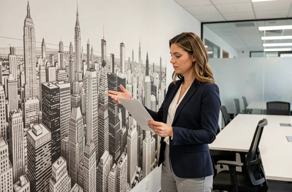 Femme professionnelle devant un papier peint panoramique skyline urbain dans une salle de réunion contemporaine