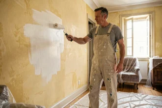 Homme en salopette appliquant une peinture blanche sur un mur jauni à la glycéro avec un rouleau mousse sans ponçage préalable