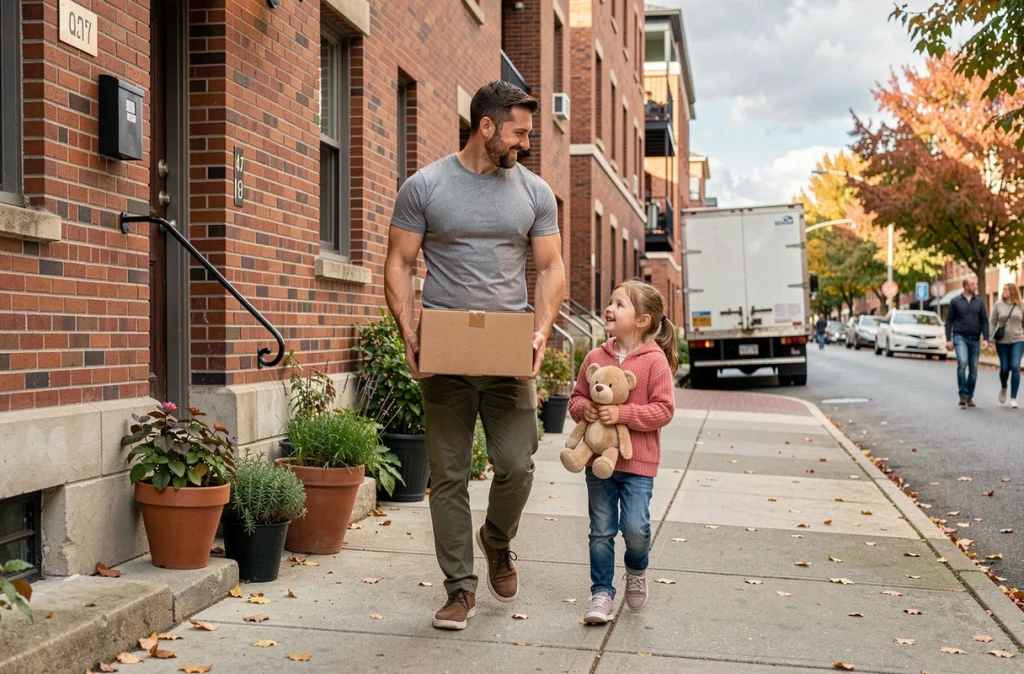 Père et fille marchant devant un immeuble lors d'un déménagement en ville à l'automne