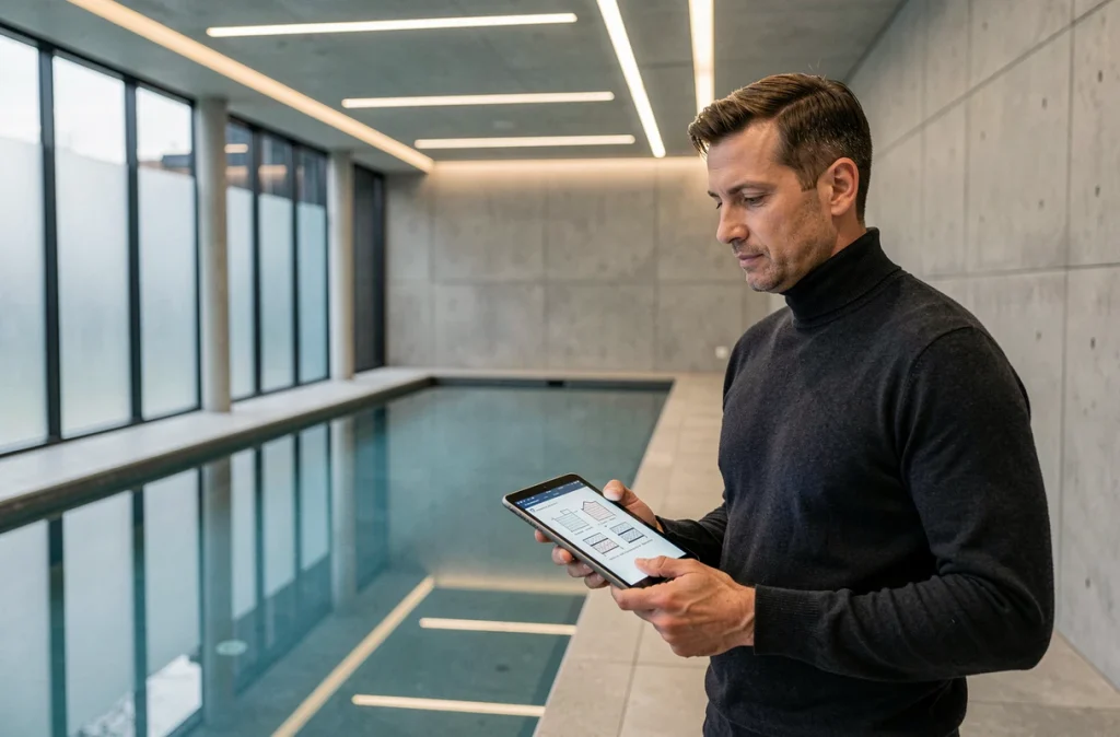 Designer intérieur configurant l'éclairage LED encastré d'une piscine intérieure contemporaine en béton