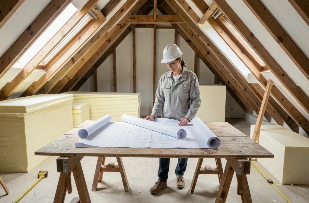 Architecte analysant les plans d'isolation thermique dans des combles aménageables avec fenêtres de toit