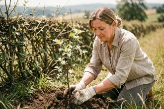 Femme plantant un arbuste d'aubépine le long d'une haie champêtre dans un paysage rural français