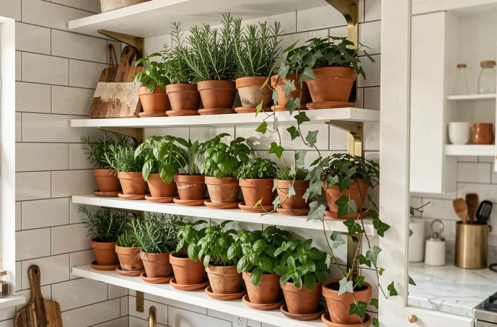 Coin cuisine d'appartement décoré de plantes aromatiques en pots sur des étagères en bois blanc avec carrelage métro