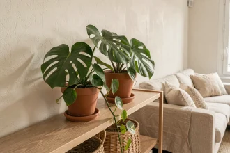 Plantes vertes monstera et pothos sur une étagère en chêne dans un salon d'appartement moderne style parisien