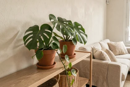 Plantes vertes monstera et pothos sur une étagère en chêne dans un salon d'appartement moderne style parisien
