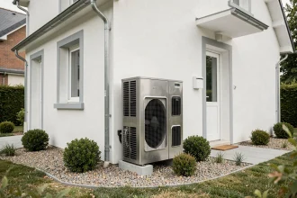 Pompe à chaleur air-eau installée sur la façade extérieure d'une maison individuelle moderne avec jardin et gravier