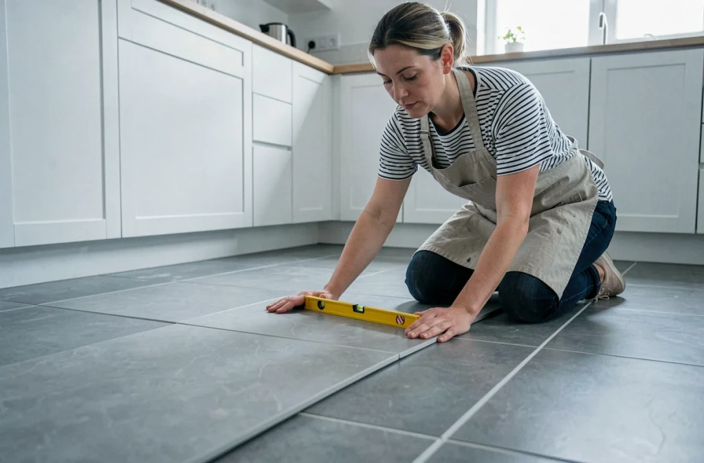 Femme posant un grand carrelage en grès cérame sur le sol d'une cuisine moderne avec un niveau à bulle